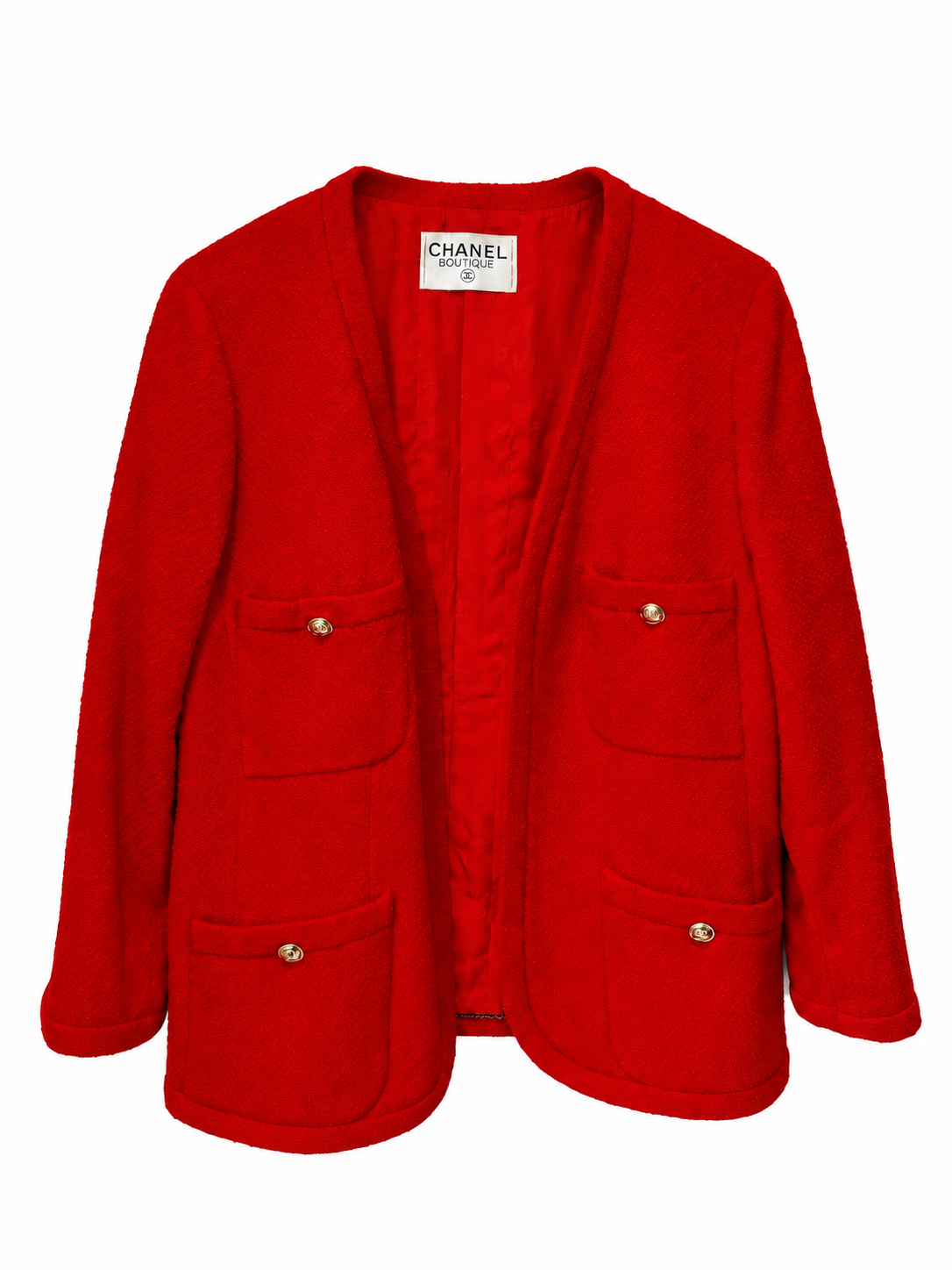 Veste Chanel vintage rouge en tweed bouclé à boutons dorés