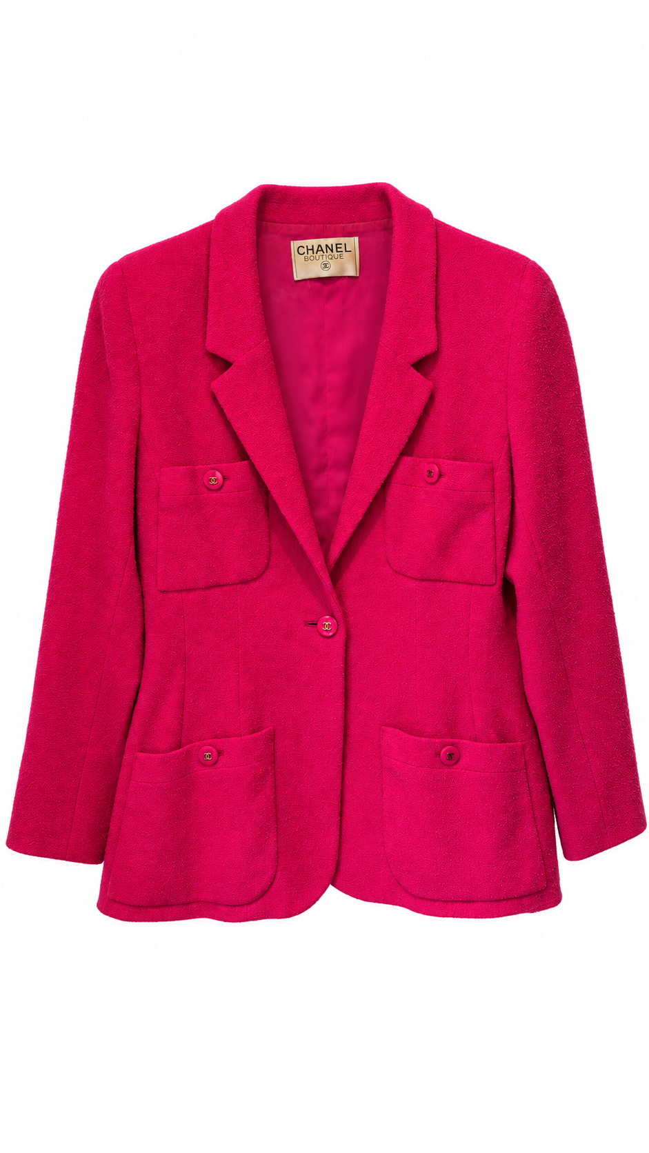 Veste Chanel Boutique rose fuchsia – Boutons CC dorés taille 38