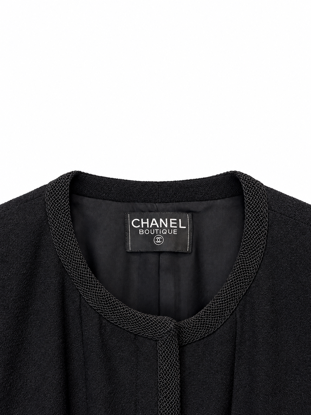 Veste Chanel Boutique noire à galons tressés et boutons CC