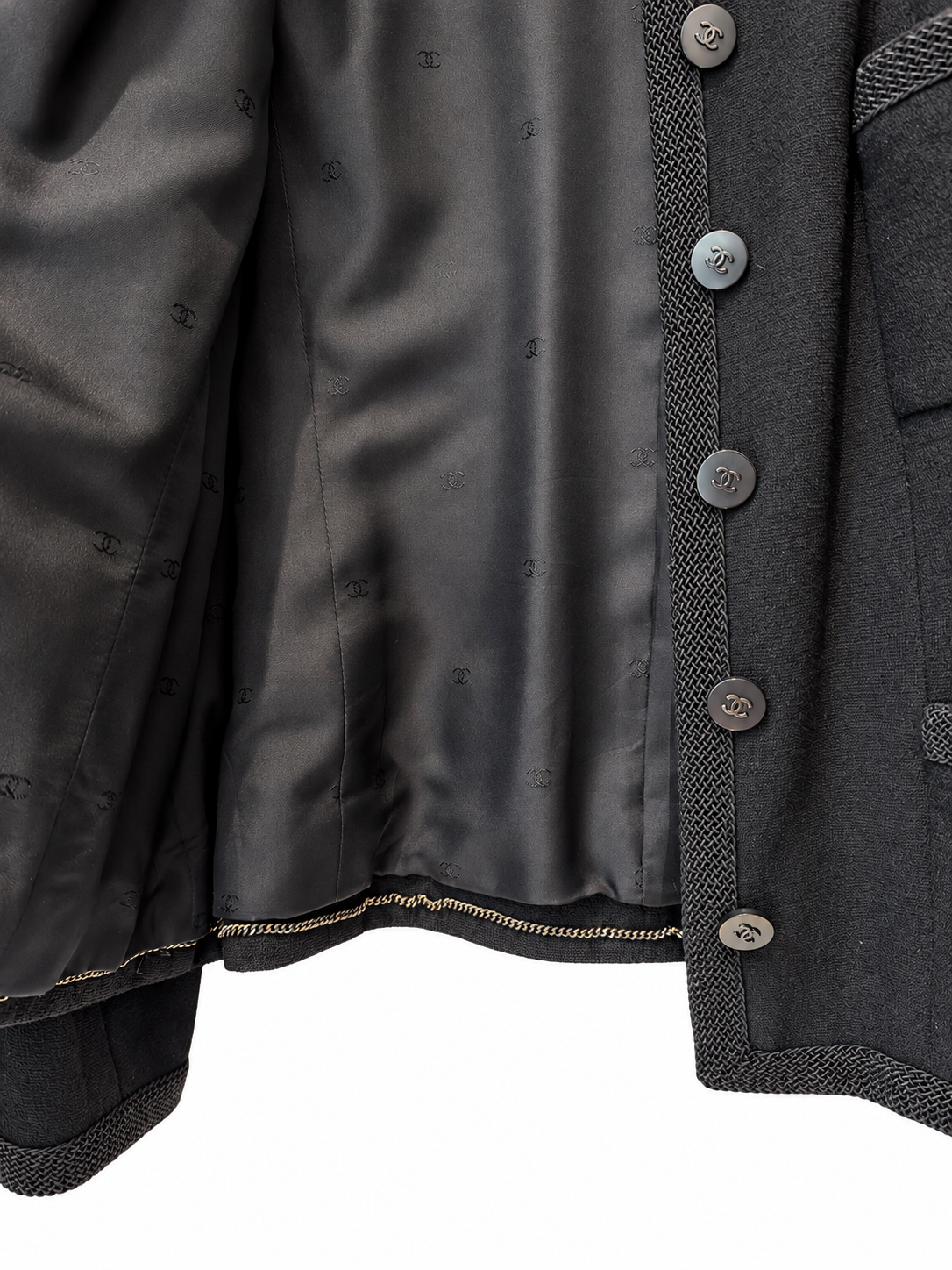 Veste Chanel Boutique noire à galons tressés et boutons CC