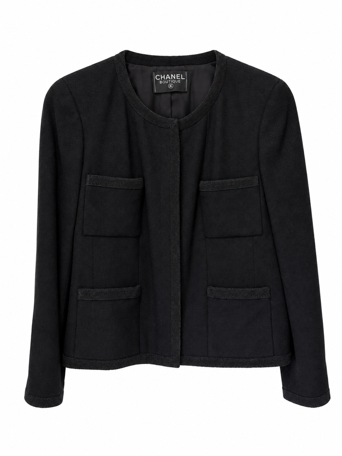 Veste Chanel Boutique noire à galons tressés et boutons CC