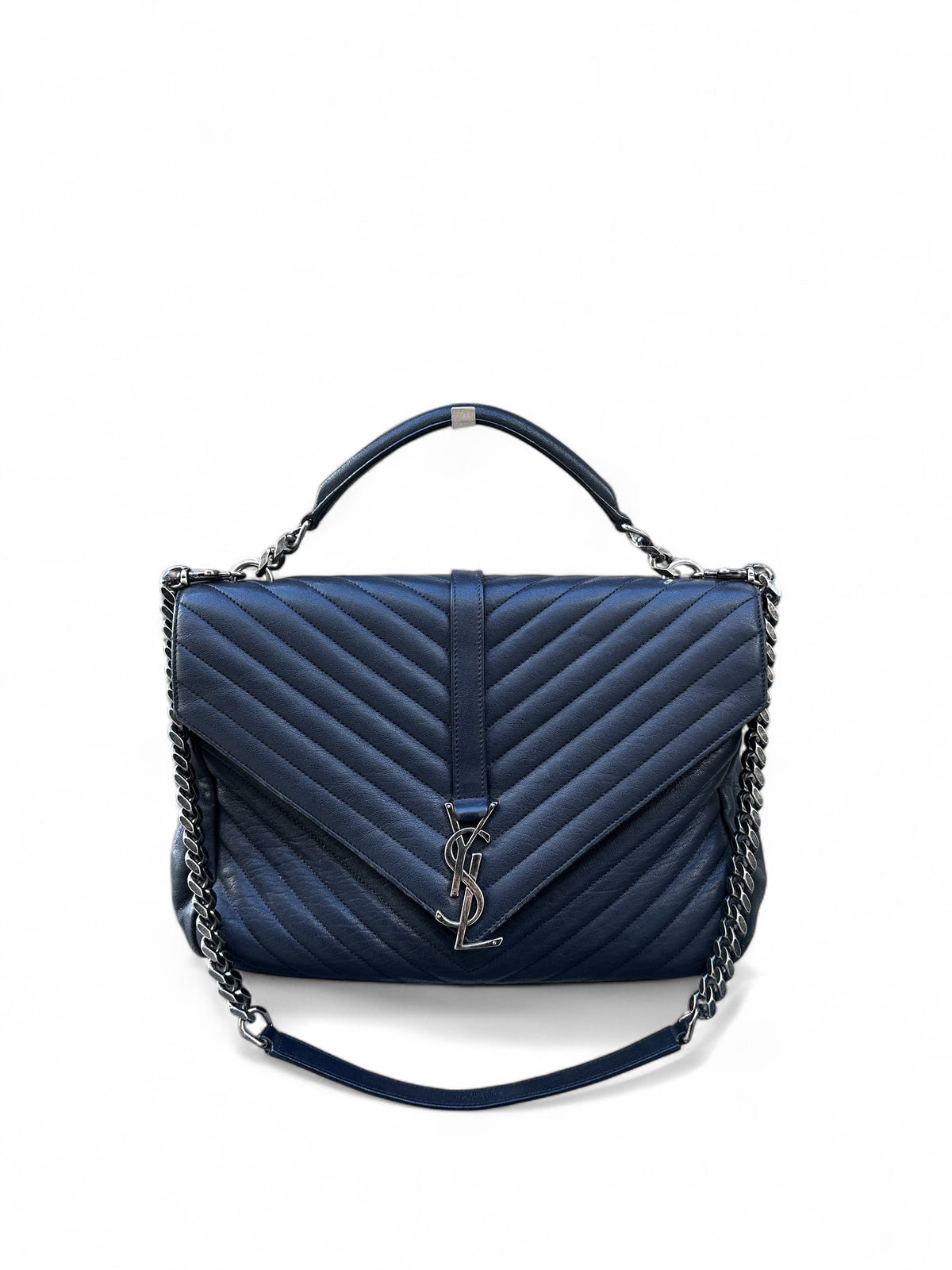 Saint Laurent – Sac College Medium – Cuir bleu marine & bijouterie argentée