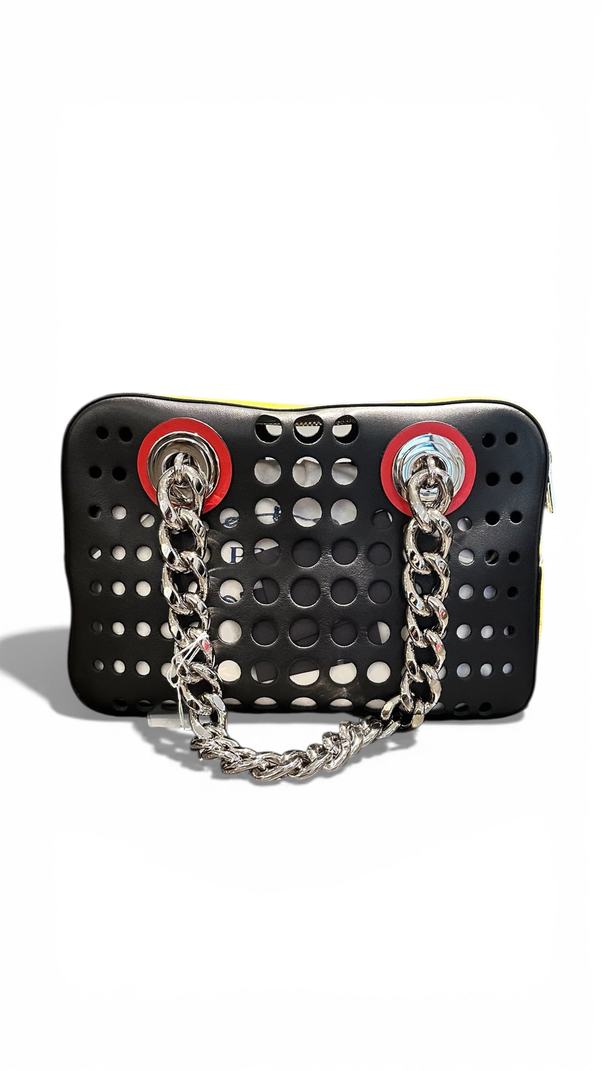 PRADA – Perforated Yellow Leather Shoulder Bag with Metal Chain