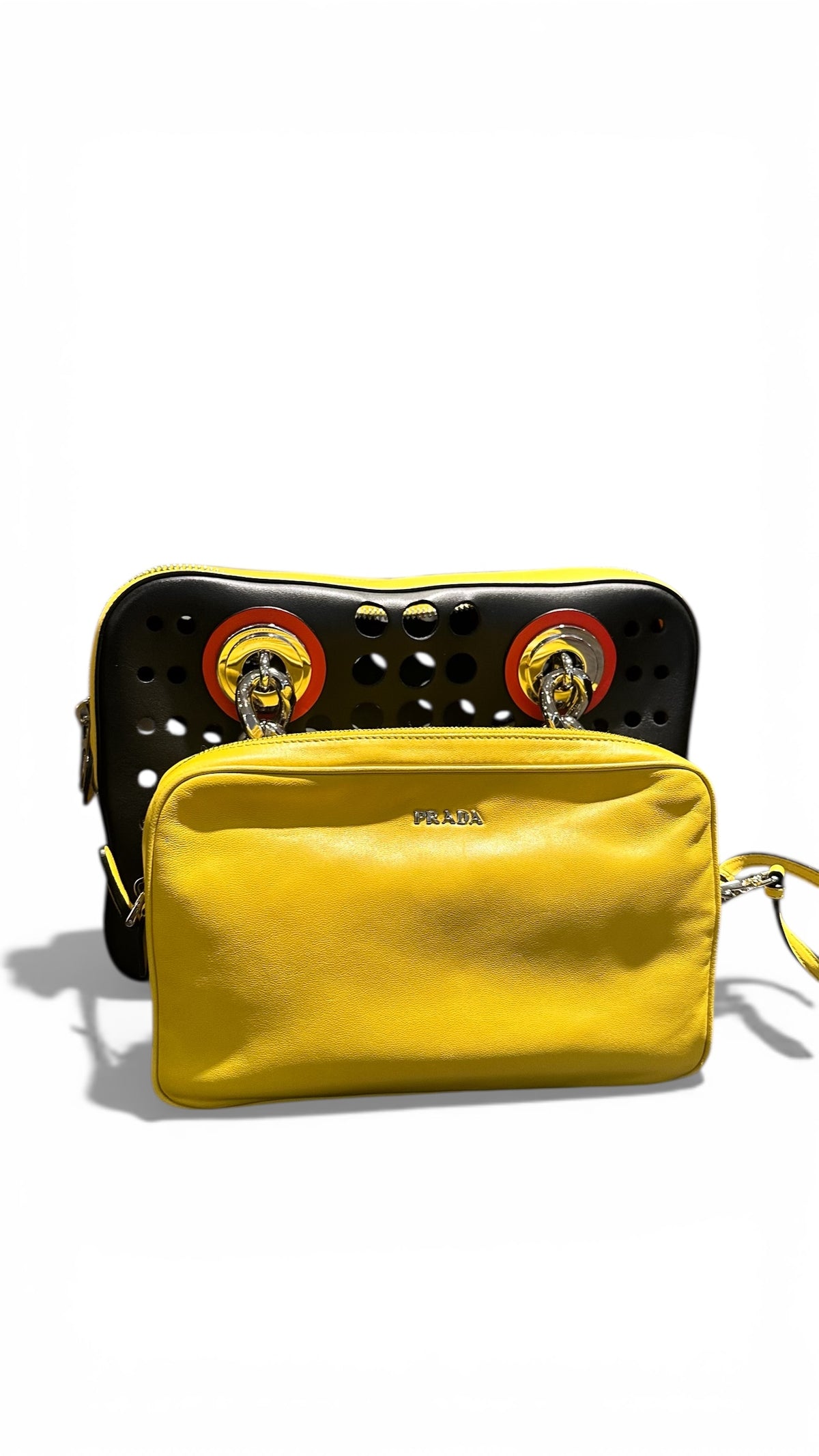 PRADA – Perforated Yellow Leather Shoulder Bag with Metal Chain
