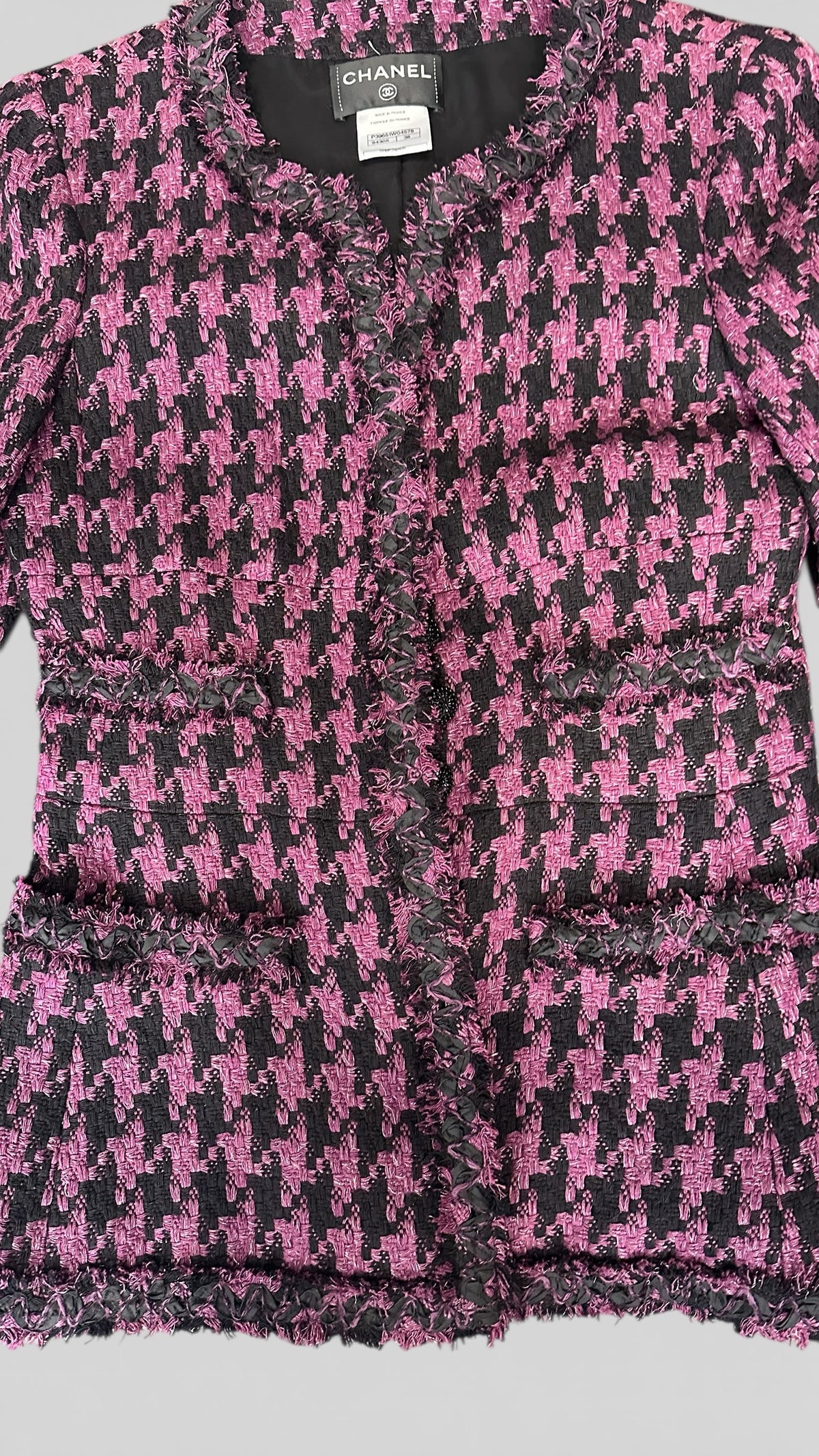Veste Chanel tweed pied-de-poule rose noir – Collection Printemps 2013