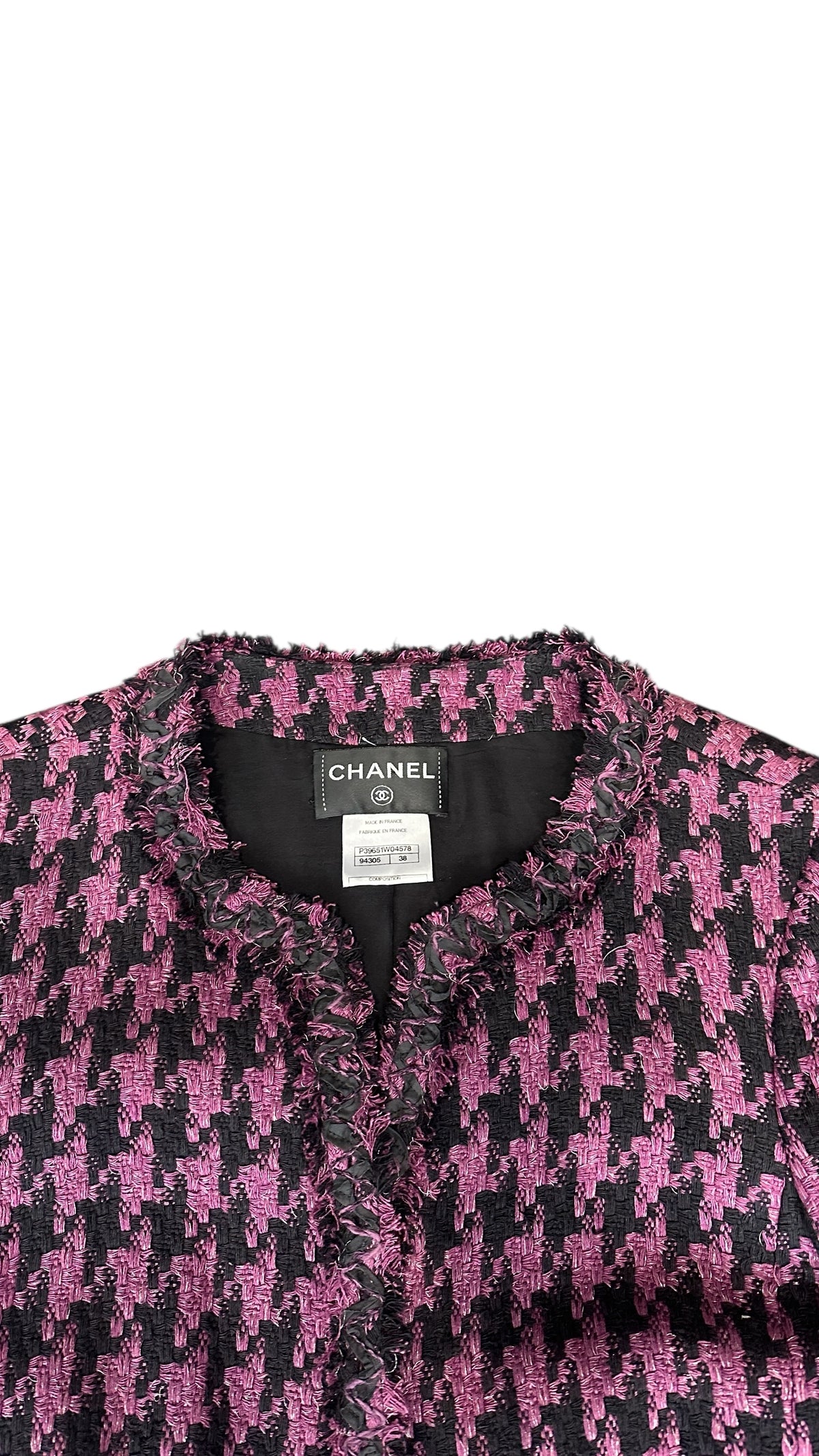 Veste Chanel tweed pied-de-poule rose noir – Collection Printemps 2013