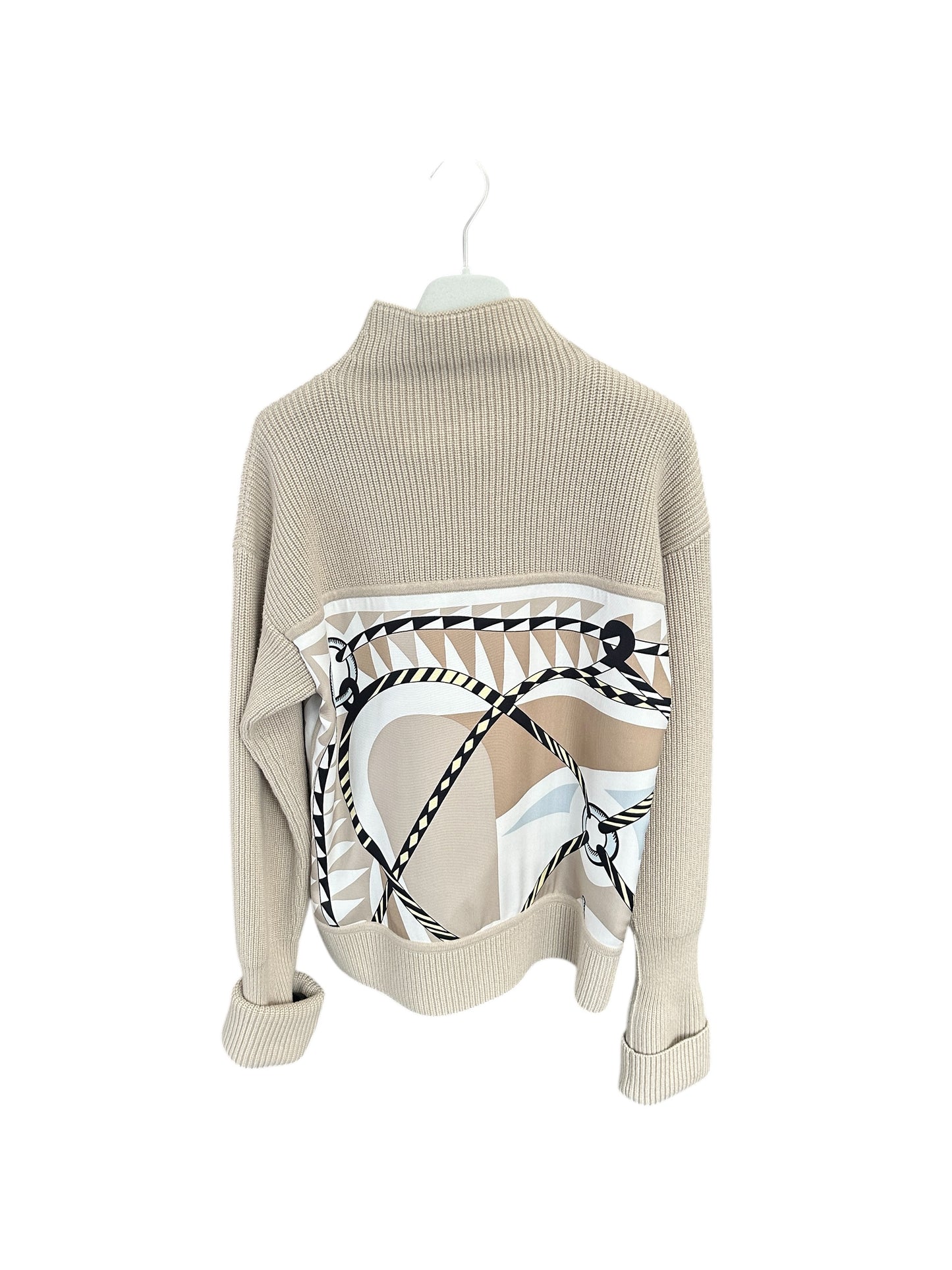 Pull Hermès en maille beige avec empiècement en soie imprimée Taille 36