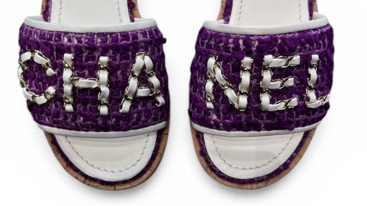 Chanel purple tweed mules with chain logo