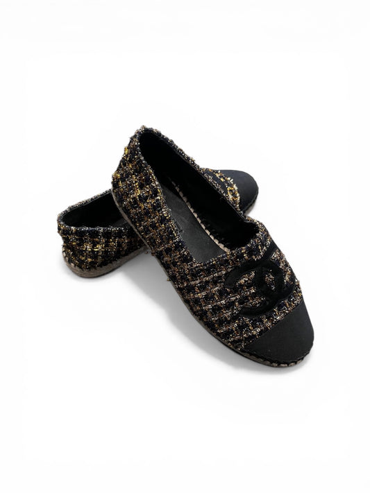 Chanel black and gold tweed espadrilles,
