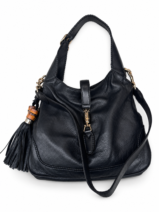 Gucci New Jackie – Sac en cuir grainé noir, détails bambou