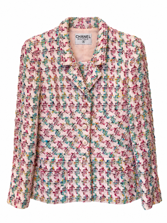 Tailleur Chanel vintage en tweed rose multicolore – Veste et jupe