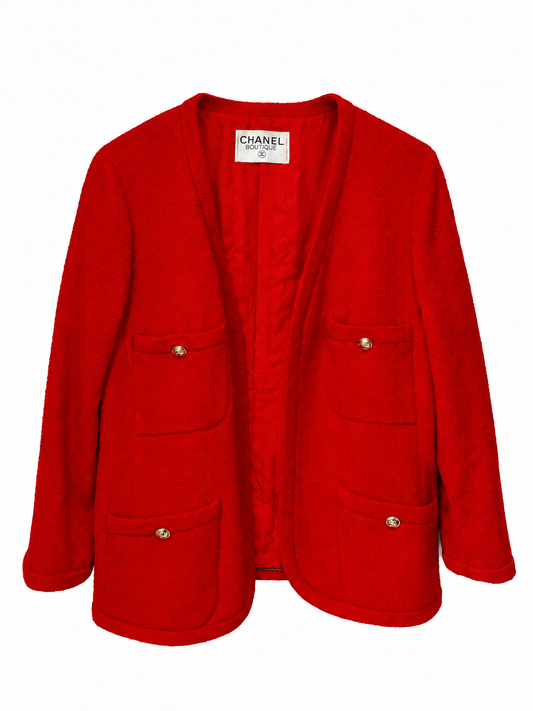 Veste Chanel vintage rouge en tweed bouclé à boutons dorés