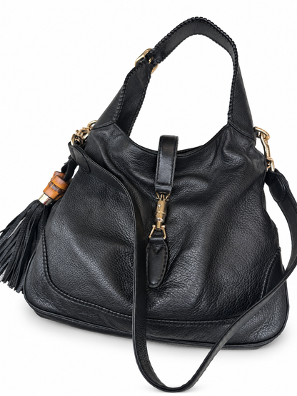Gucci New Jackie – Sac en cuir grainé noir, détails bambou