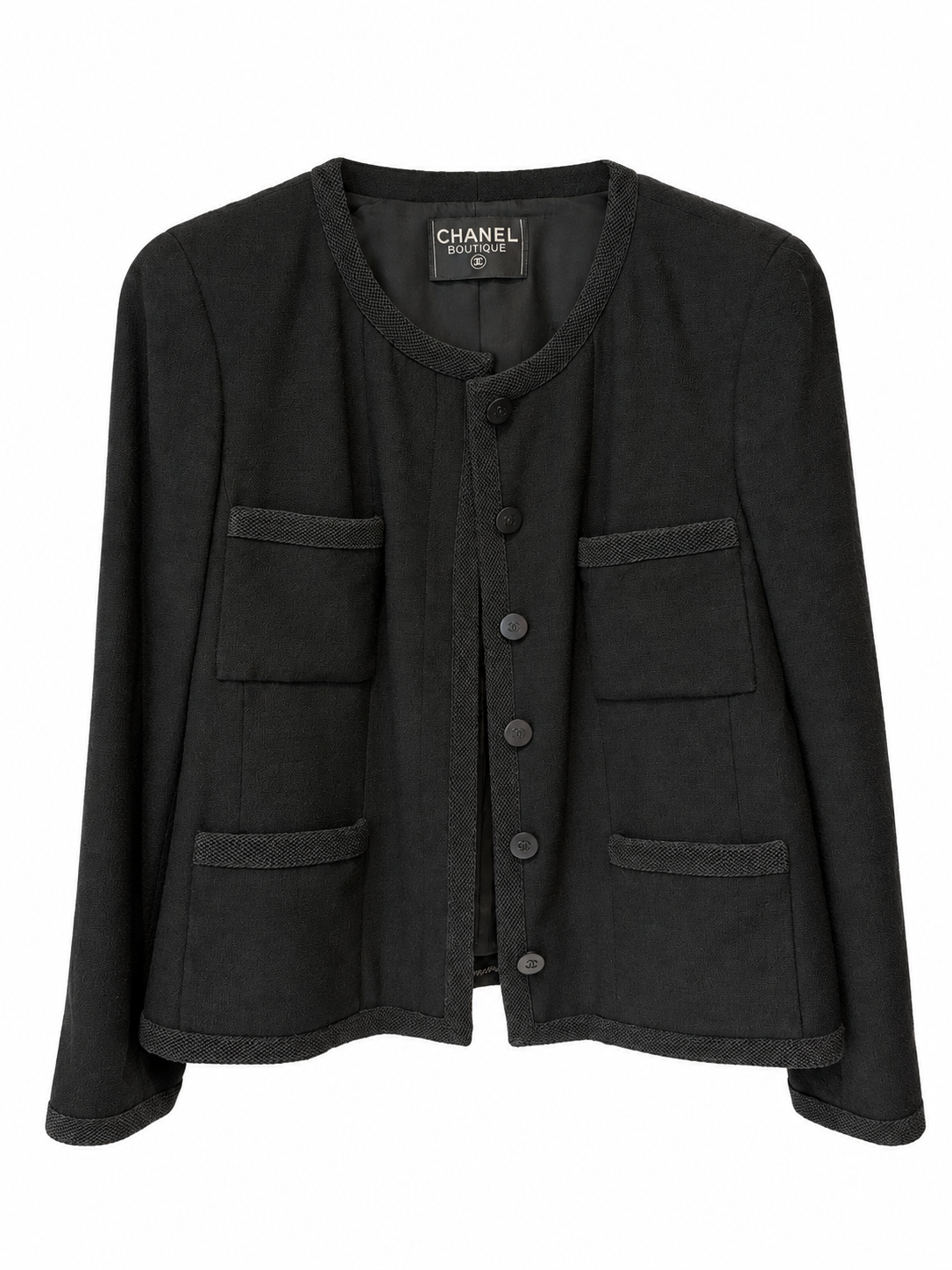 Veste Chanel Boutique noire à galons tressés et boutons CC