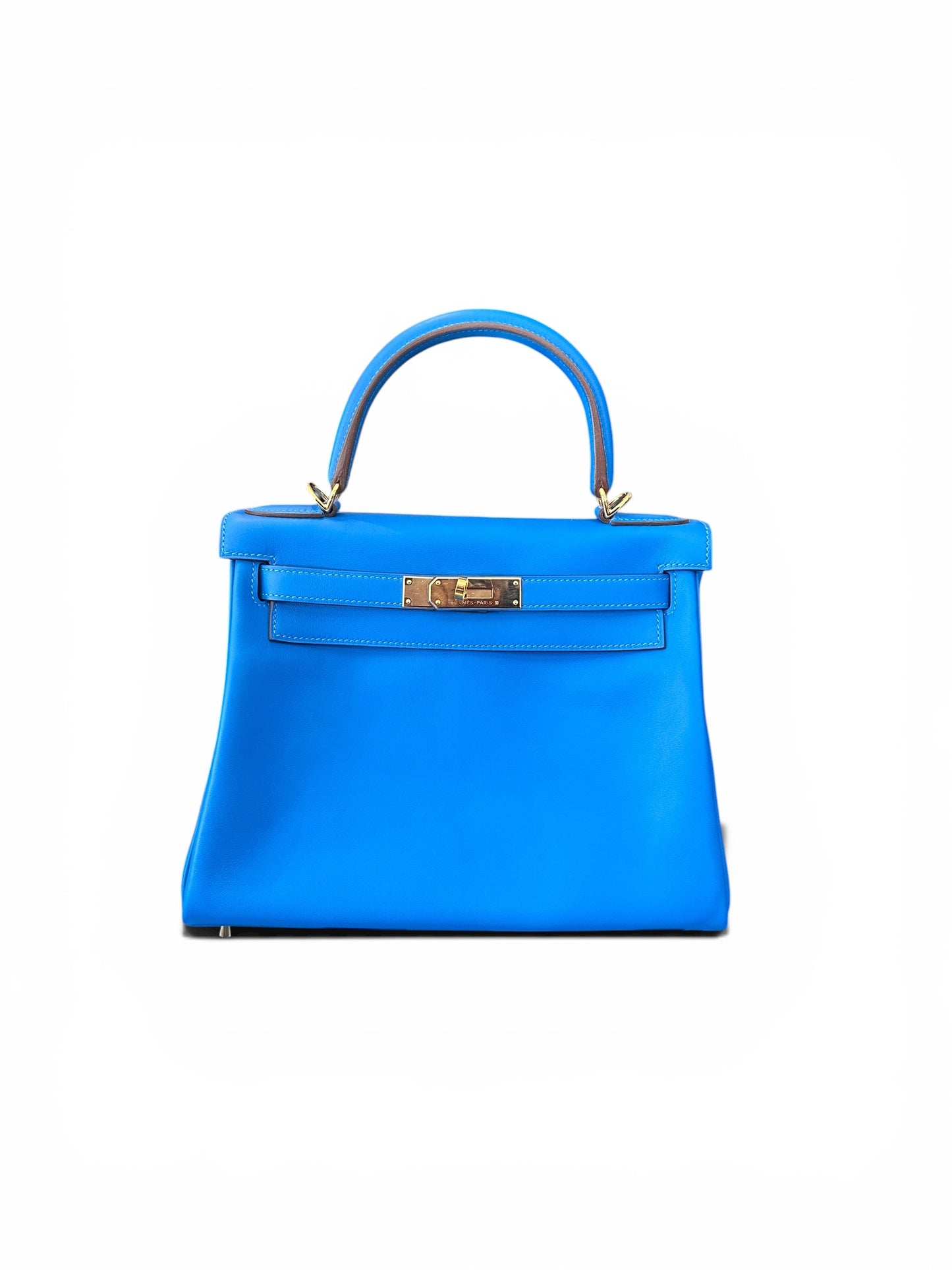 Hermès Kelly 28 Sellier Bleu Zanzibar – Commande Spéciale 2022 – Cuir Swift & Intérieur Jaune cuir togo