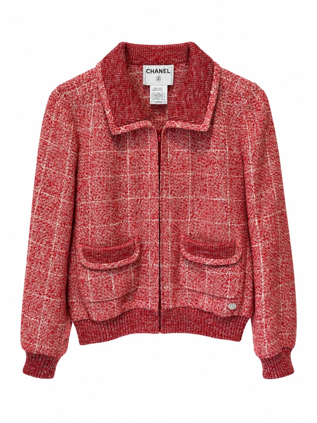Veste Chanel vintage en tweed rouge et blanc – Taille 40
