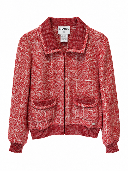 Veste Chanel vintage en tweed rouge et blanc – Taille 40