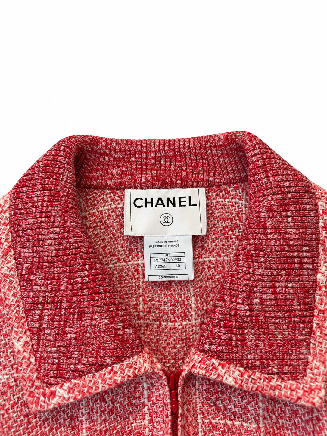 Veste Chanel vintage en tweed rouge et blanc – Taille 40