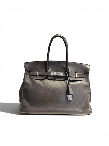 Hermès Birkin 35 en gris avec bijouterie palladium.