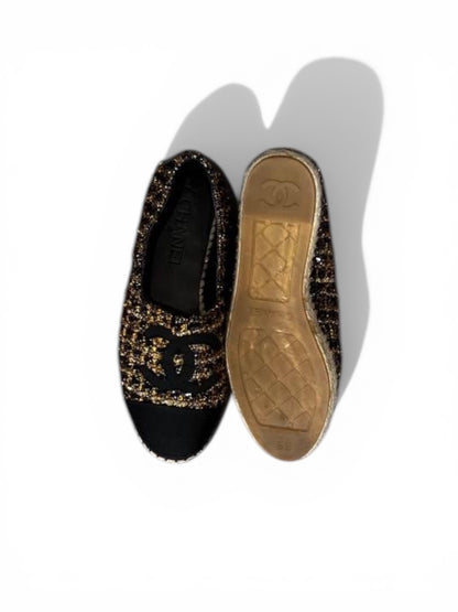 Chanel black and gold tweed espadrilles,