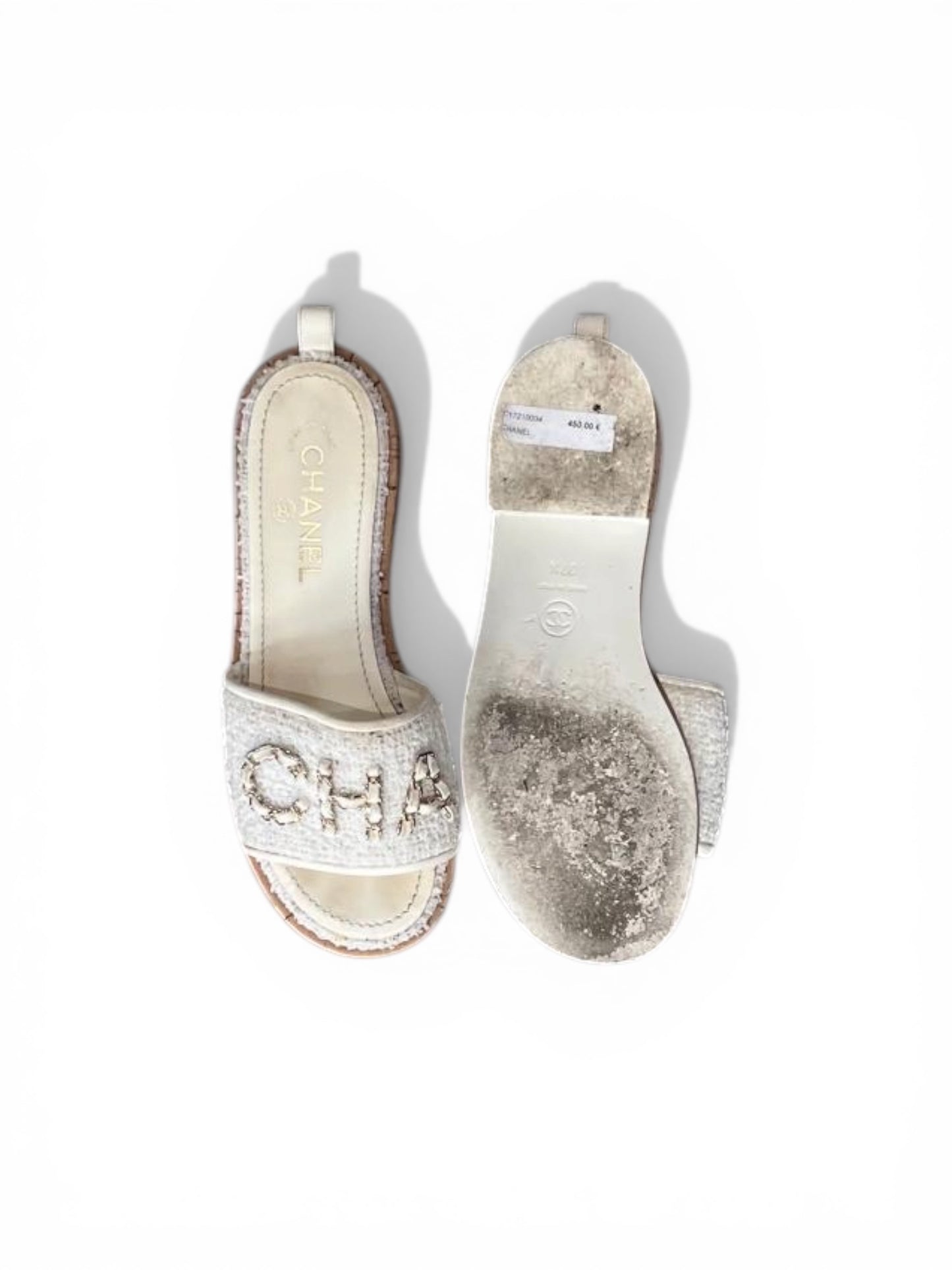 Chanel mules in white tweed