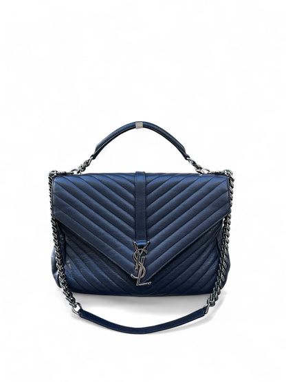 Saint Laurent – Sac College Medium – Cuir bleu marine & bijouterie argentée