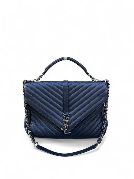 Saint Laurent – Sac College Medium – Cuir bleu marine & bijouterie argentée