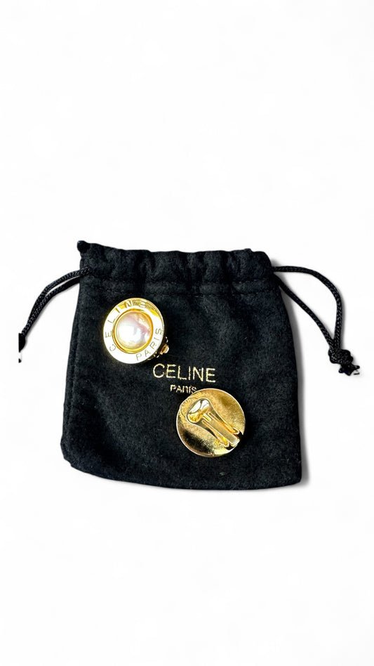 Boucle d’oreille CELINE vintage à clip – perle nacrée centrale