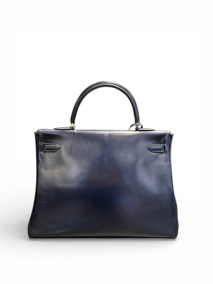 Hermès – Sac Kelly vintage 1971 en cuir Box bleu marine, bijouterie dorée