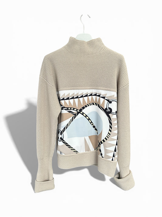 Pull Hermès en maille beige avec empiècement en soie imprimée Taille 36