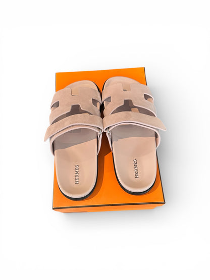 Hermès "Chypre" sandals in Rose Porcelaine suede goatskin