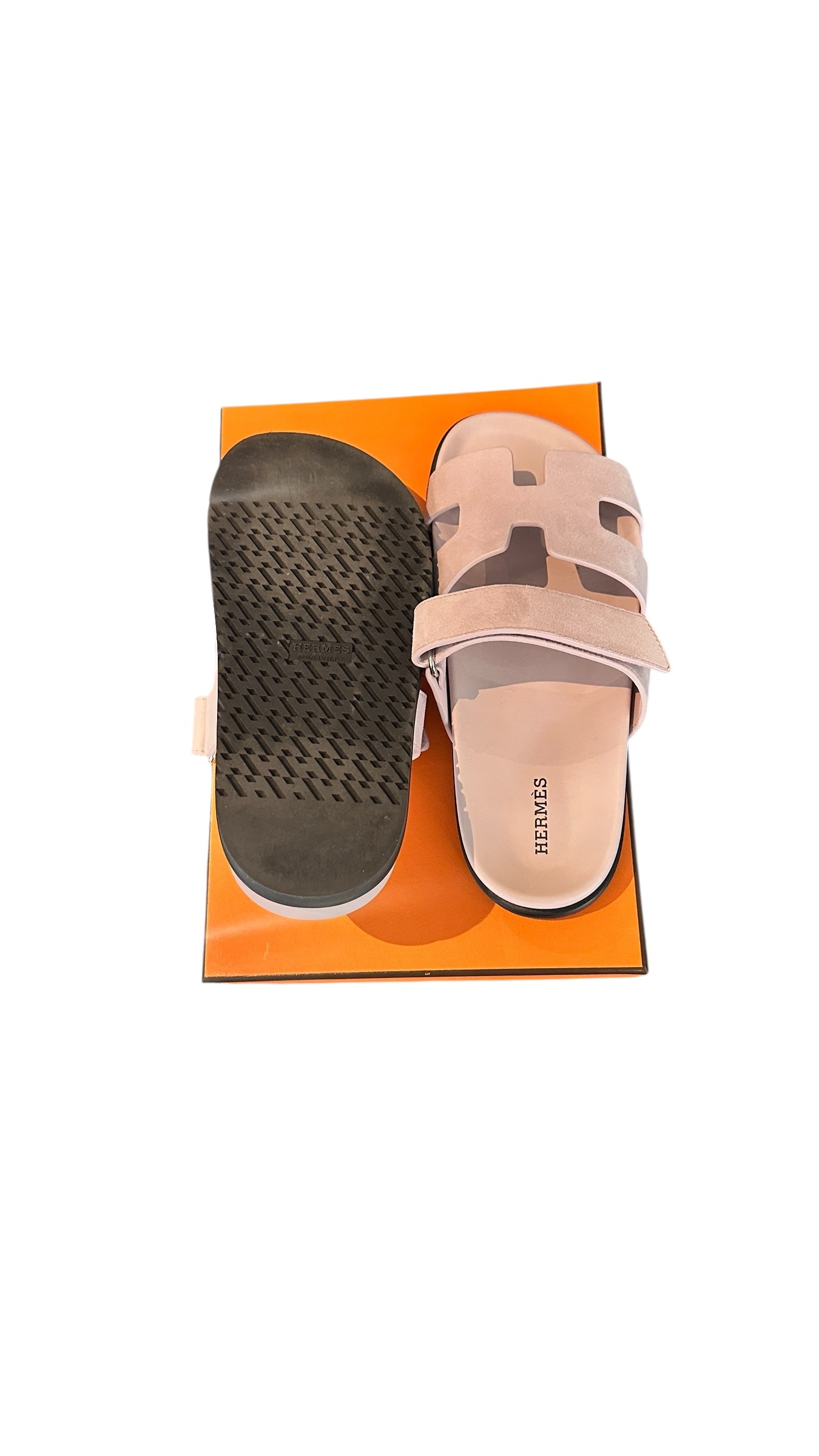 Hermès "Chypre" sandals in Rose Porcelaine suede goatskin