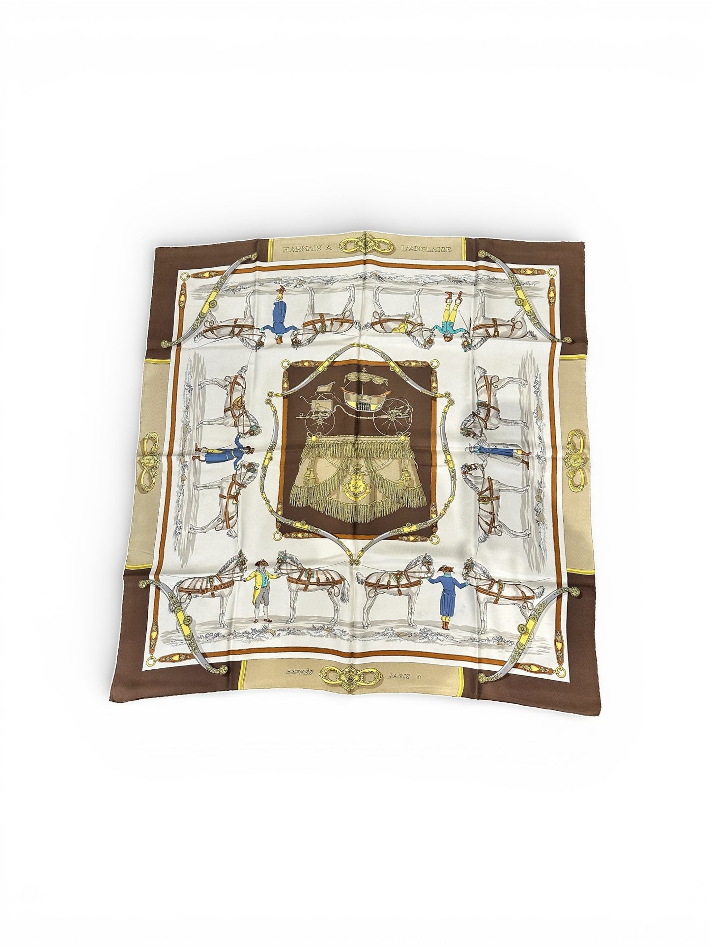Hermès Carré 90 “Harnais à l’Anglaise” – Soie – Beige & Brun