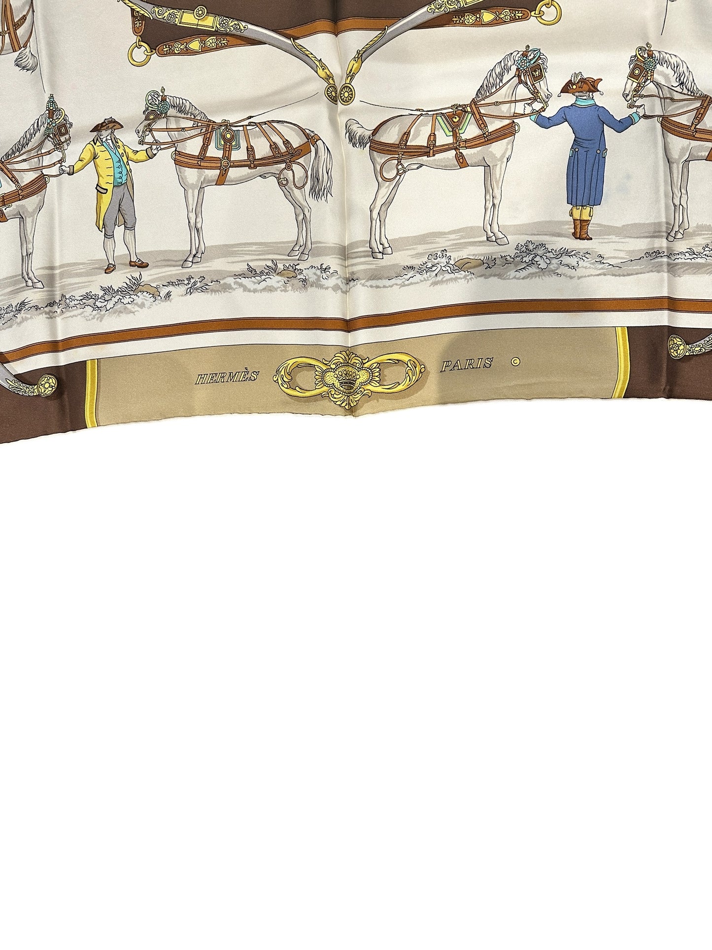 Hermès Carré 90 “Harnais à l’Anglaise” – Soie – Beige & Brun