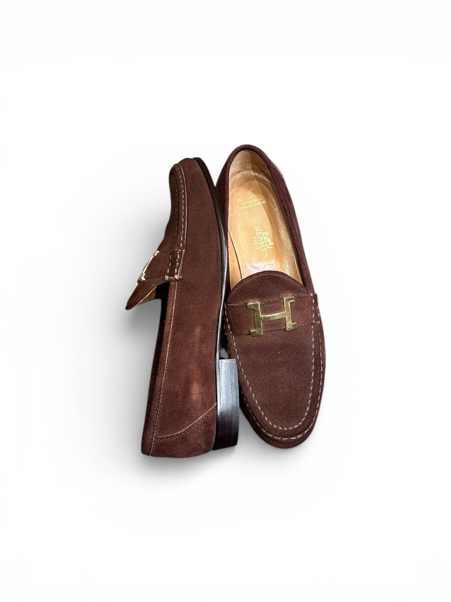 Hermès Paris brown suede loafers – gold H detail