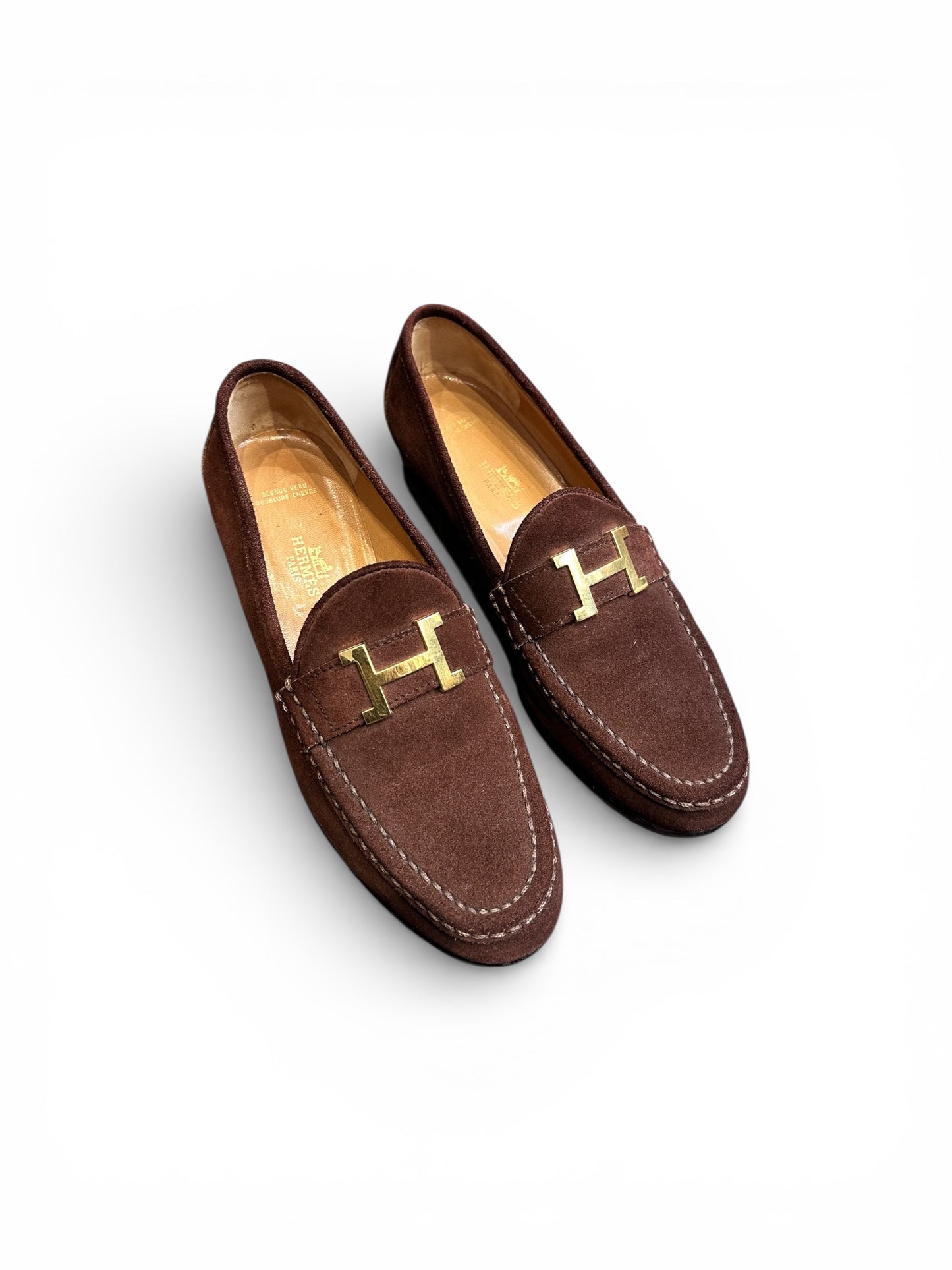 Hermès Paris brown suede loafers – gold H detail