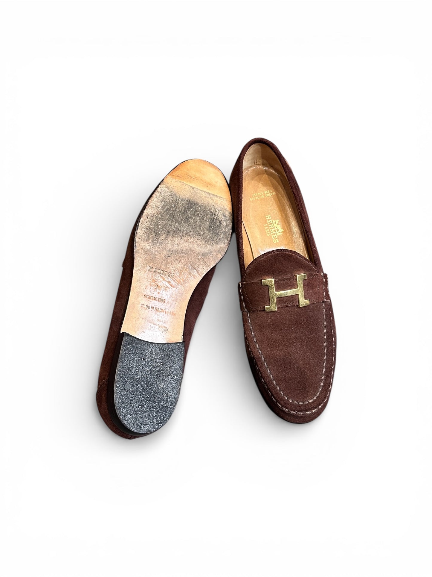 Hermès Paris brown suede loafers – gold H detail