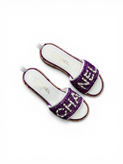 Chanel purple tweed mules with chain logo