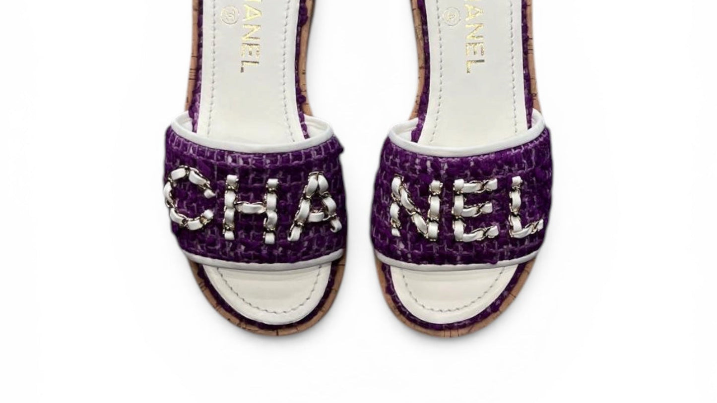 Chanel purple tweed mules with chain logo