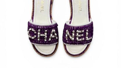 Chanel purple tweed mules with chain logo
