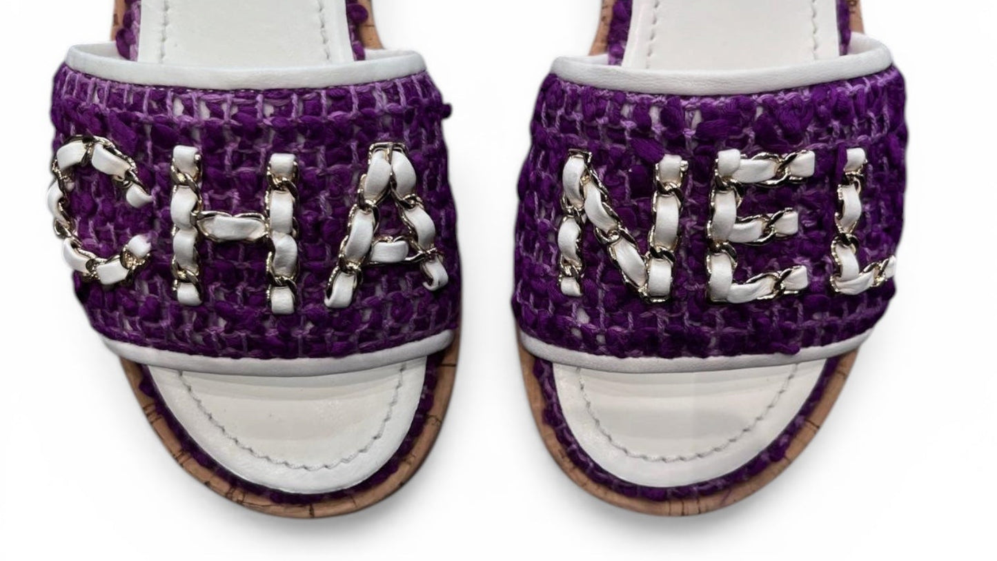 Chanel purple tweed mules with chain logo