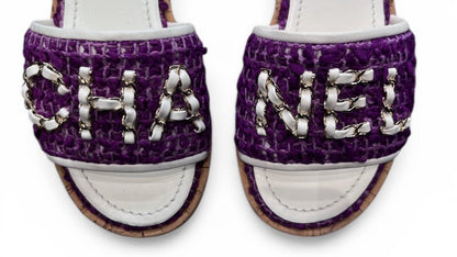 Chanel purple tweed mules with chain logo