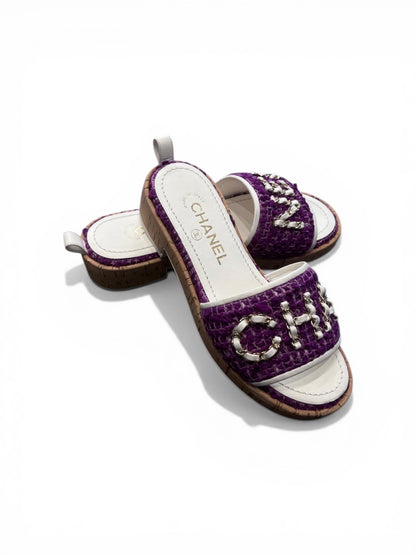 Chanel purple tweed mules with chain logo