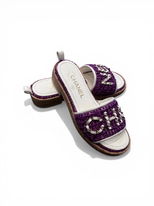 Chanel purple tweed mules with chain logo