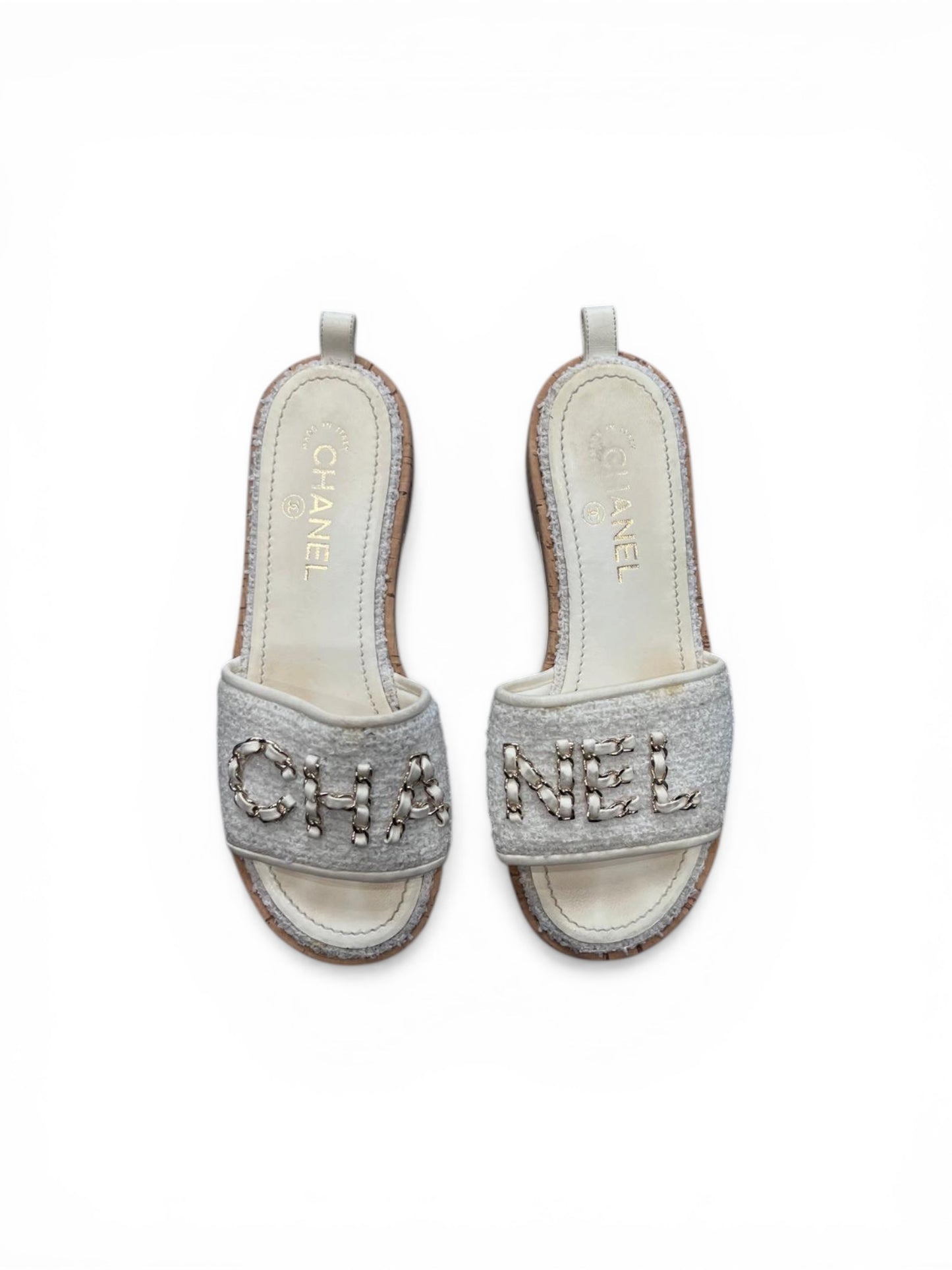 Chanel mules in white tweed
