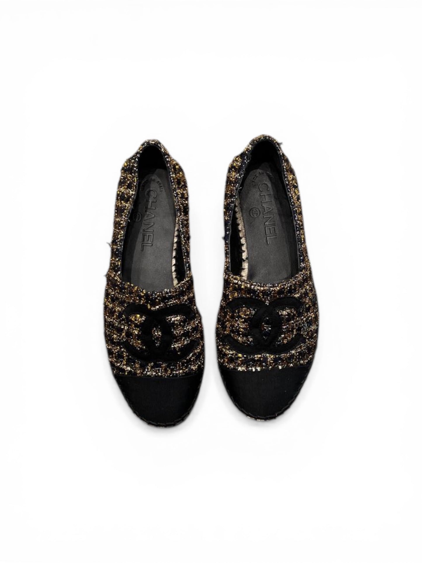 Chanel black and gold tweed espadrilles,