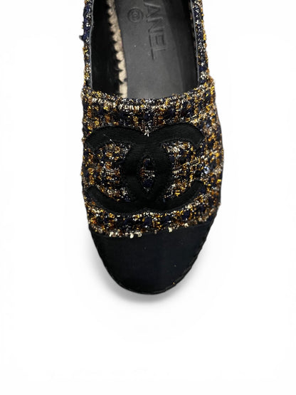 Chanel black and gold tweed espadrilles,